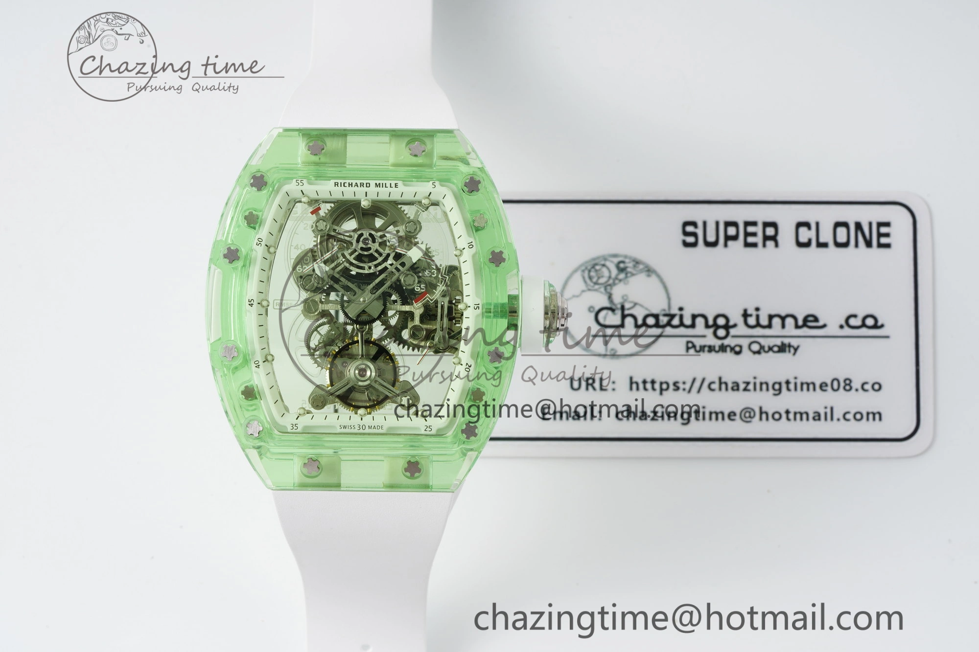 RM56-01 Green Transparent Tourbillon RMF Best Edition Skeleton Dial on White Rubber Strap