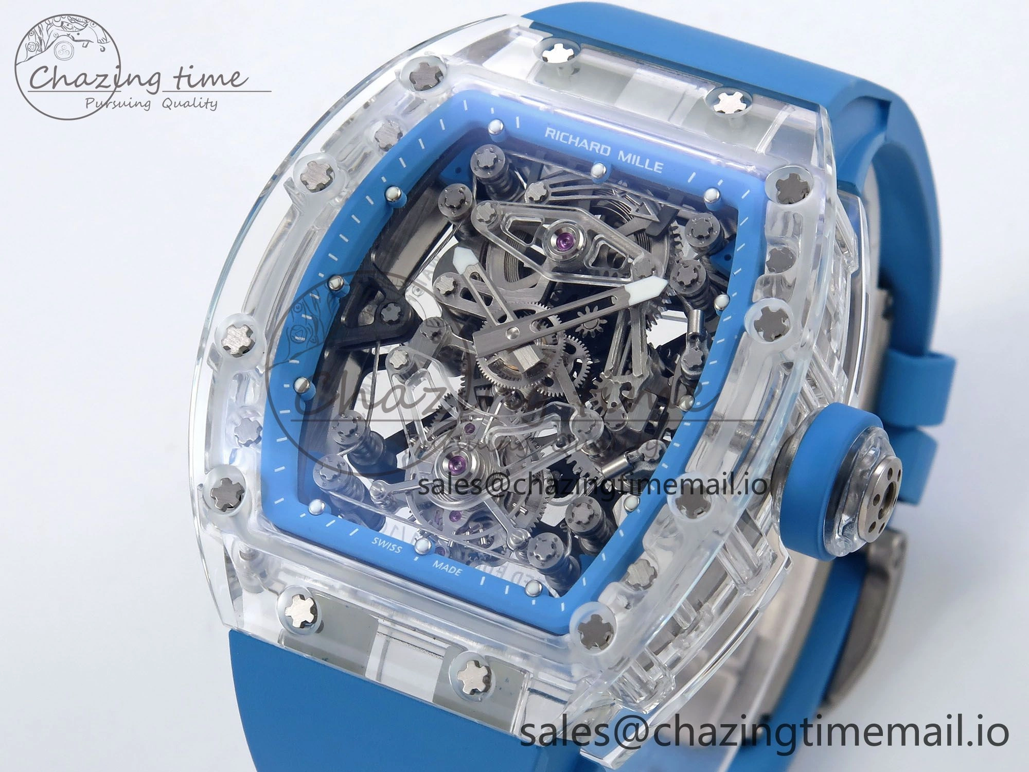 RM56-02 Transparent Tourbillon RMF Best Edition Skeleton Blue Dial on Blue Rubber Strap