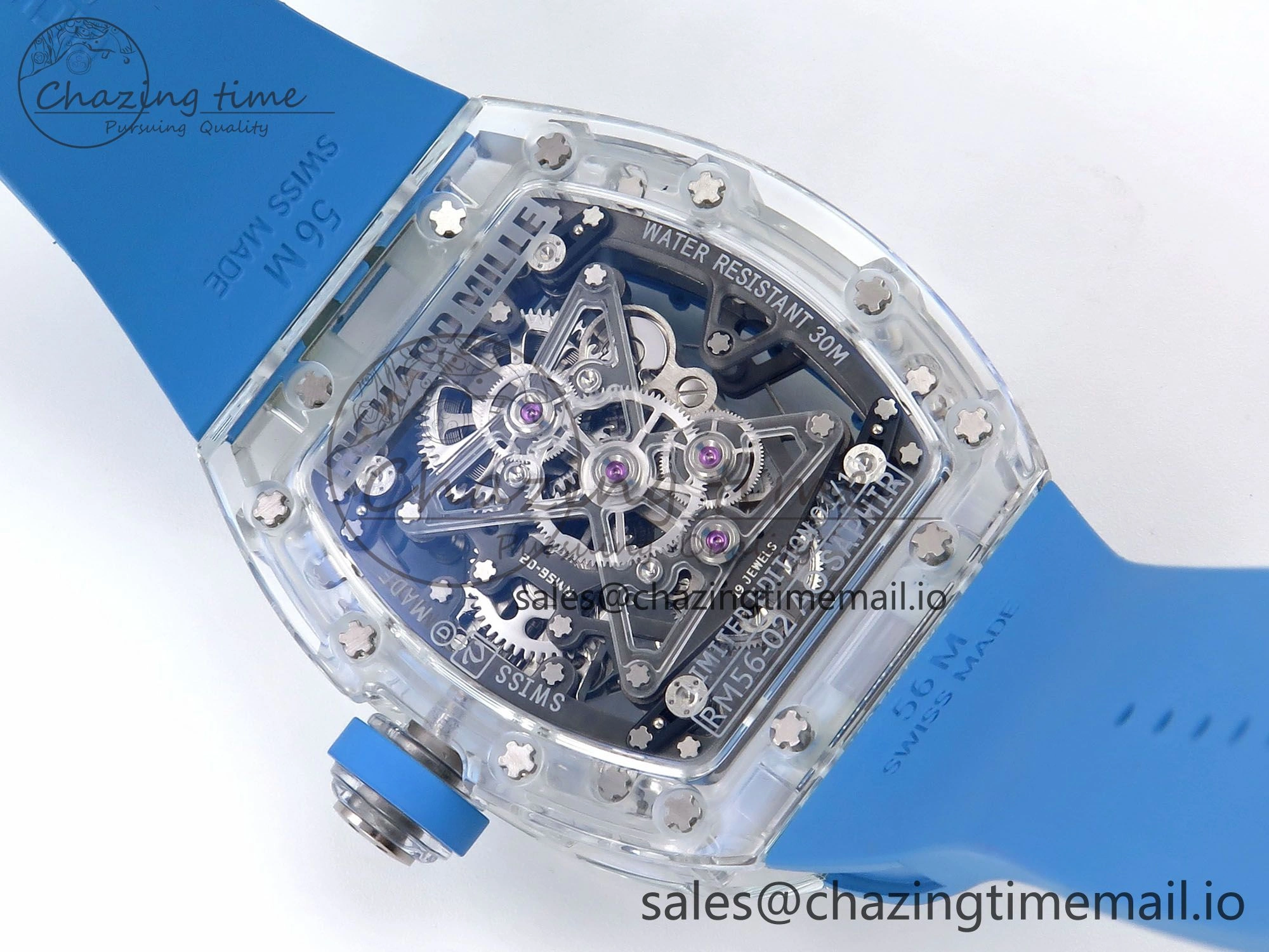 RM56-02 Transparent Tourbillon RMF Best Edition Skeleton Blue Dial on Blue Rubber Strap