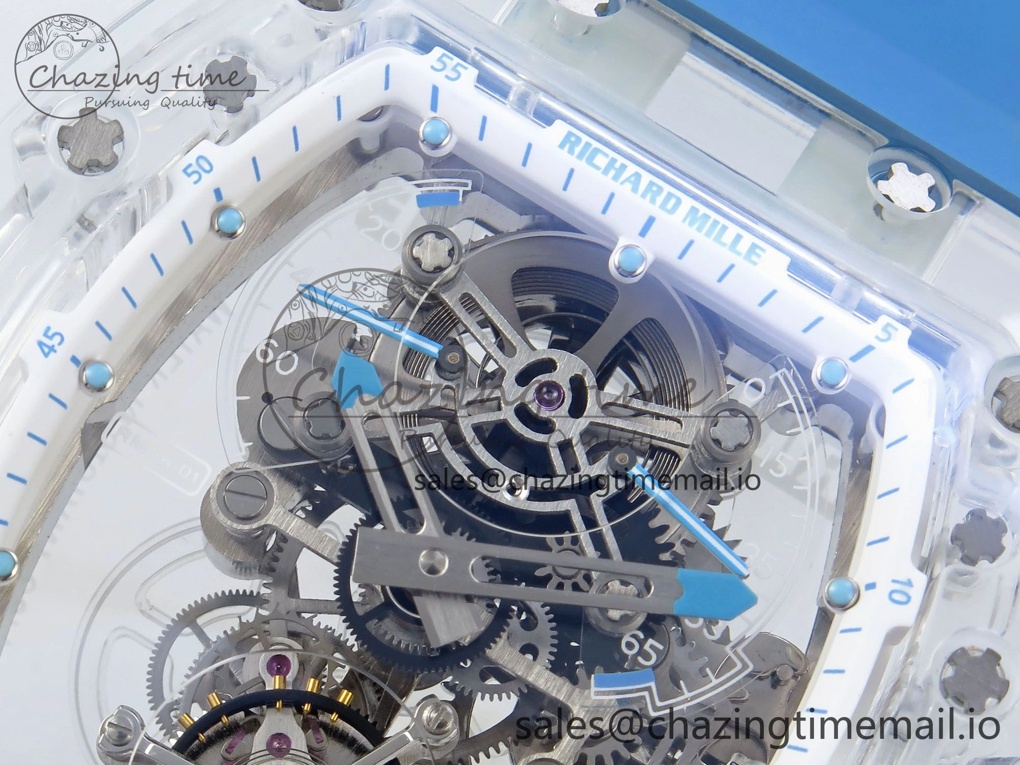 RM56-02 Transparent Tourbillon RMF Best Edition Skeleton Dial Blue Hands on Blue Rubber Strap