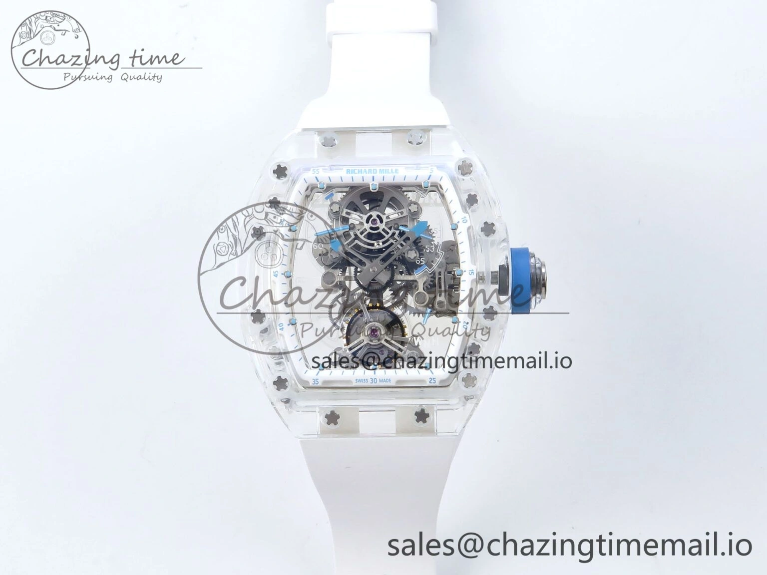 RM56-02 Transparent Tourbillon RMF Best Edition Skeleton Dial Blue Hands on White Rubber Strap
