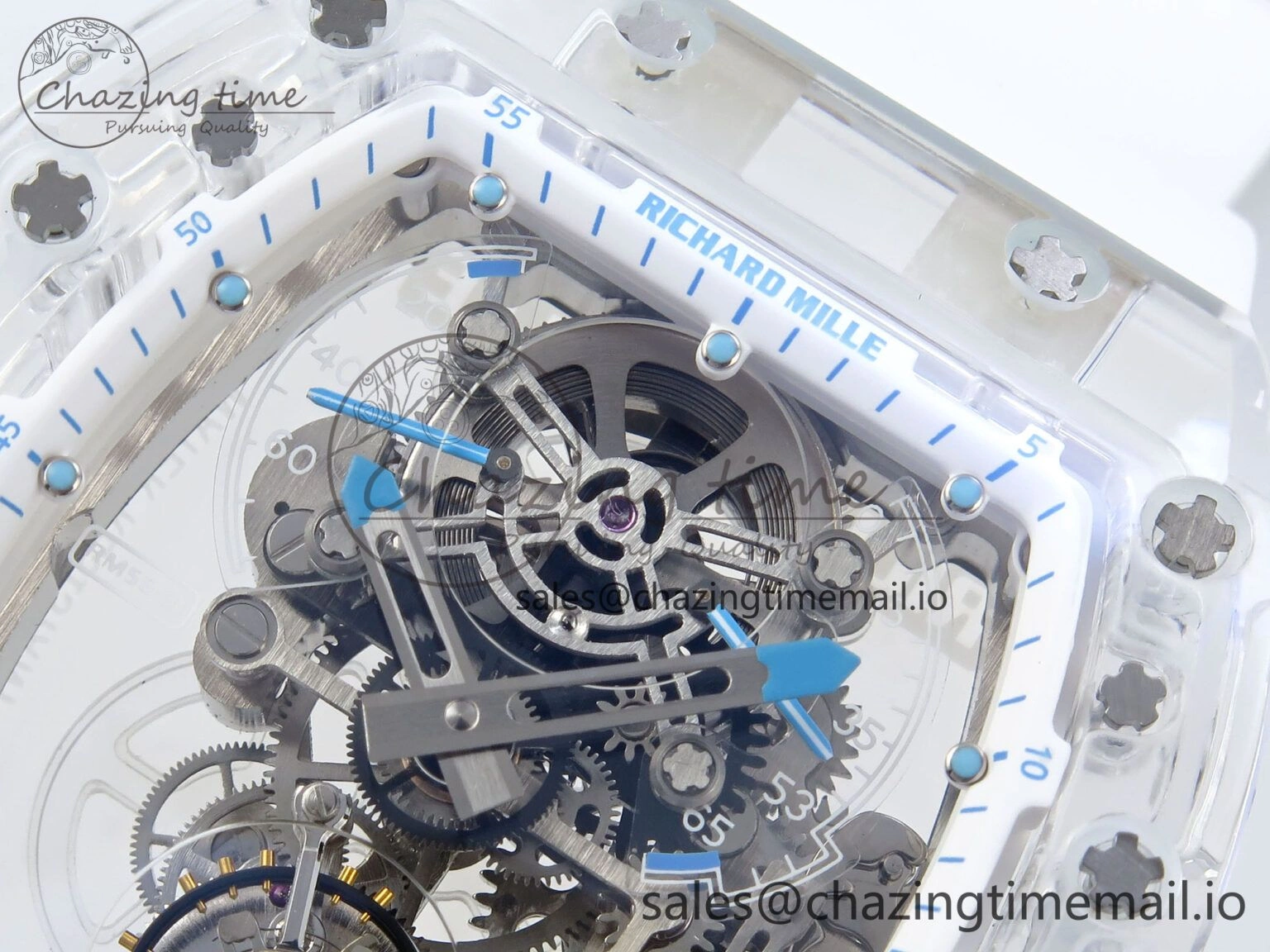 RM56-02 Transparent Tourbillon RMF Best Edition Skeleton Dial Blue Hands on White Rubber Strap