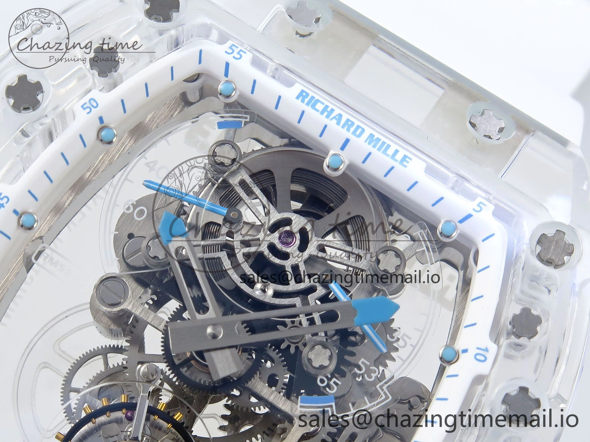 RM56-02 Transparent Tourbillon RMF Best Edition Skeleton Dial Blue Hands on White Rubber Strap