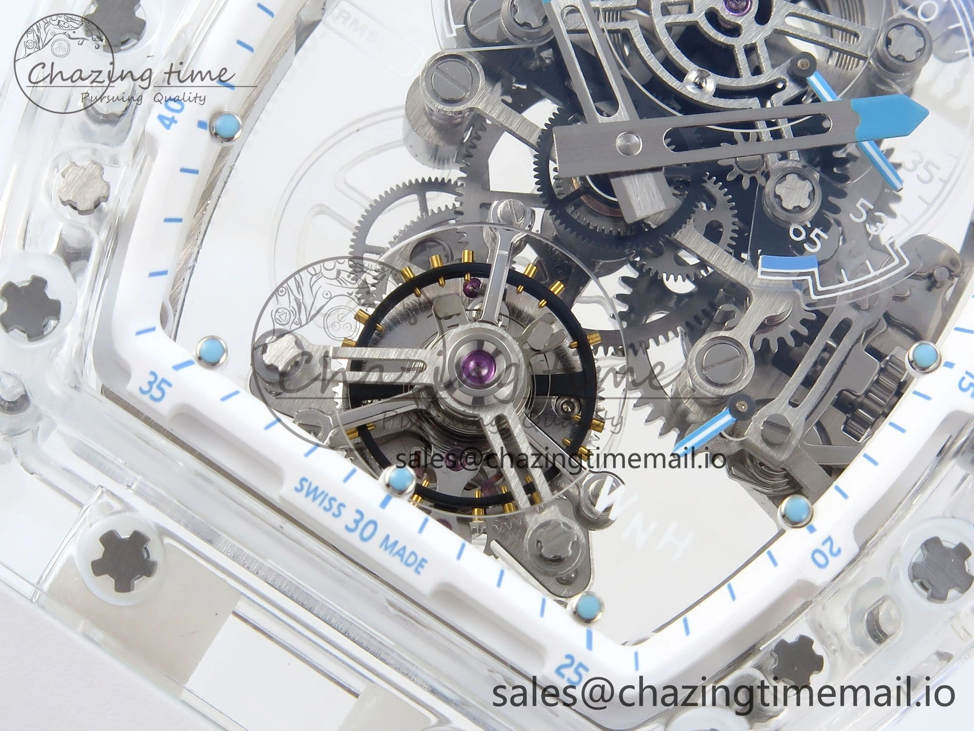 RM56-02 Transparent Tourbillon RMF Best Edition Skeleton Dial Blue Hands on White Rubber Strap