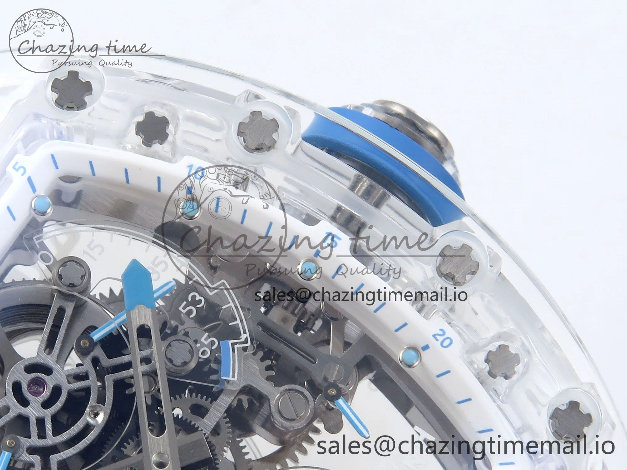 RM56-02 Transparent Tourbillon RMF Best Edition Skeleton Dial Blue Hands on White Rubber Strap