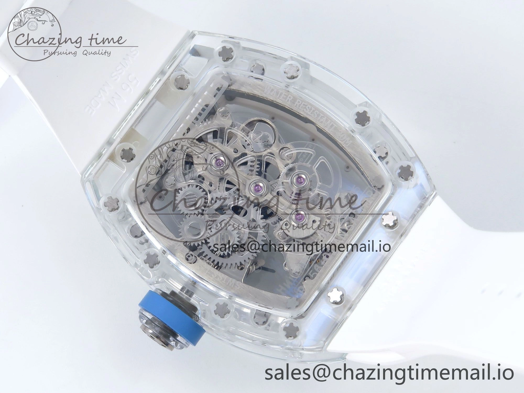RM56-02 Transparent Tourbillon RMF Best Edition Skeleton Dial Blue Hands on White Rubber Strap