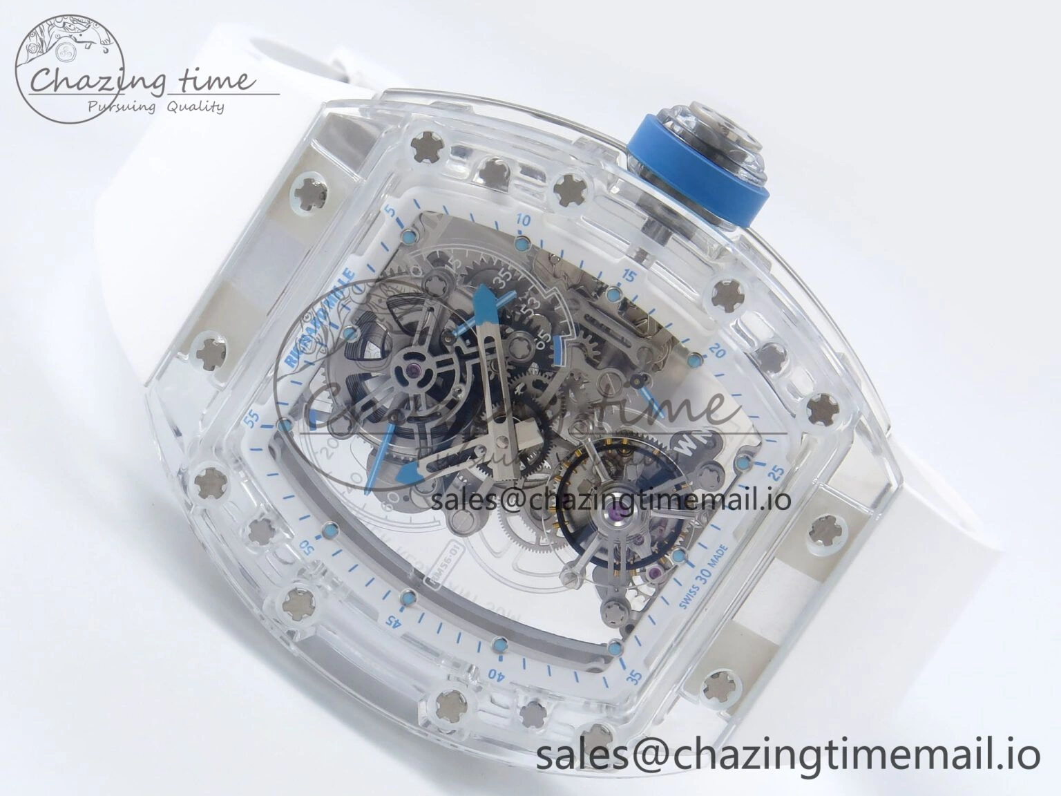 RM56-02 Transparent Tourbillon RMF Best Edition Skeleton Dial Blue Hands on White Rubber Strap