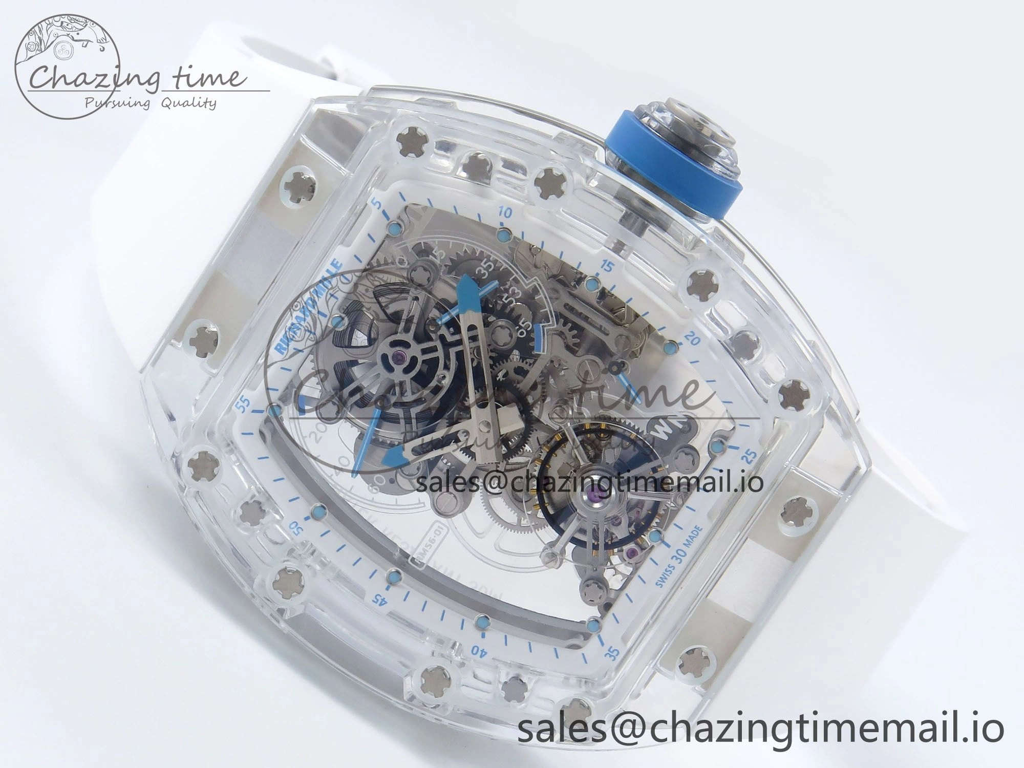 RM56-02 Transparent Tourbillon RMF Best Edition Skeleton Dial Blue Hands on White Rubber Strap