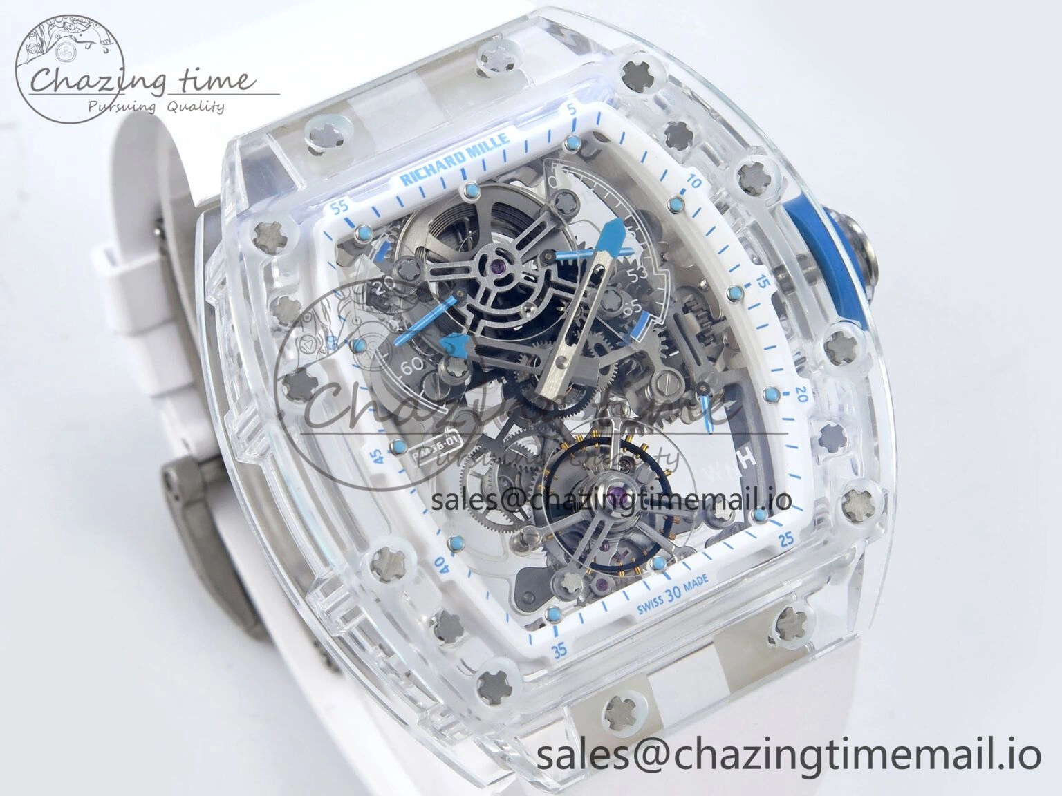 RM56-02 Transparent Tourbillon RMF Best Edition Skeleton Dial Blue Hands on White Rubber Strap