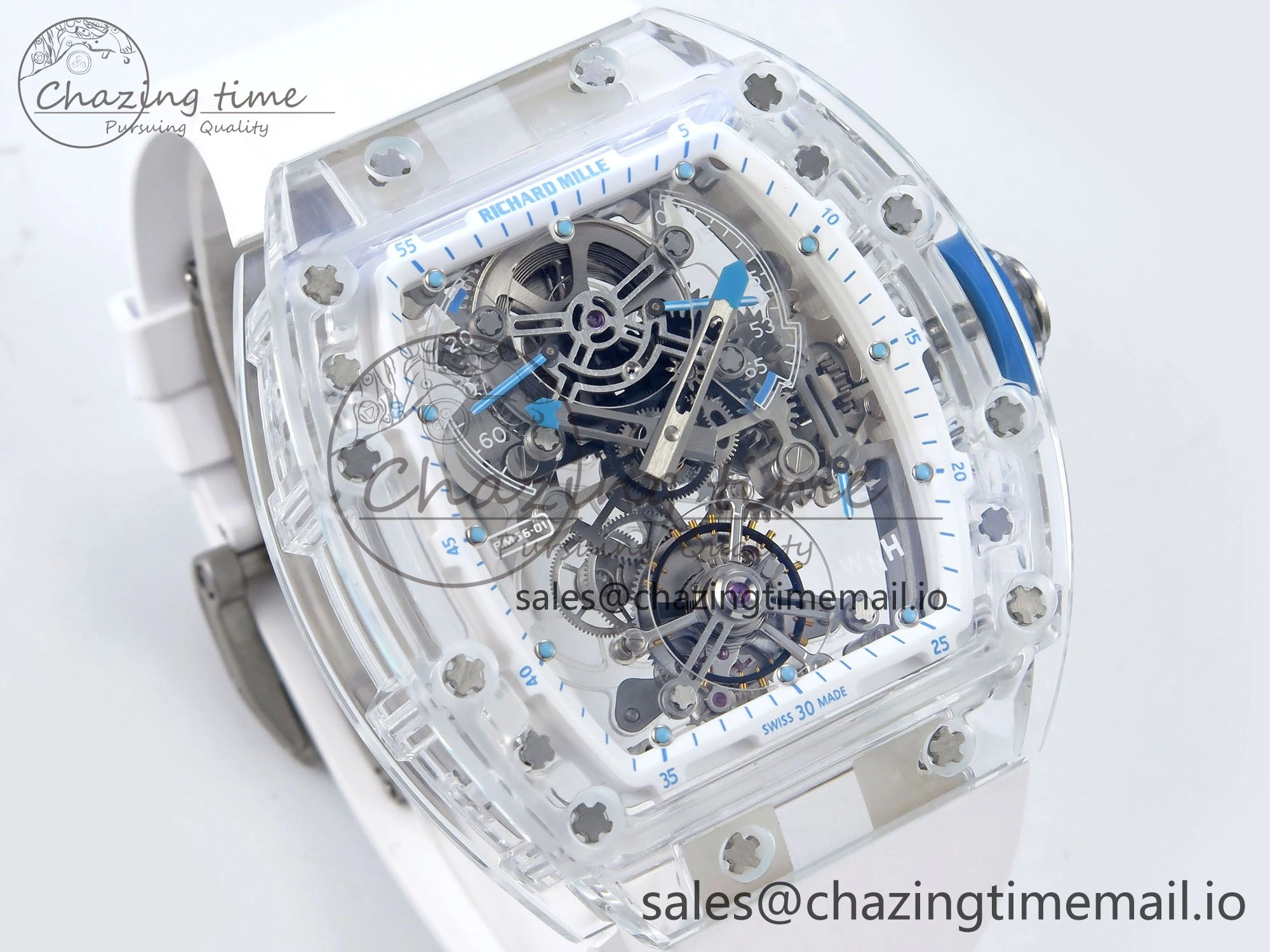 RM56-02 Transparent Tourbillon RMF Best Edition Skeleton Dial Blue Hands on White Rubber Strap