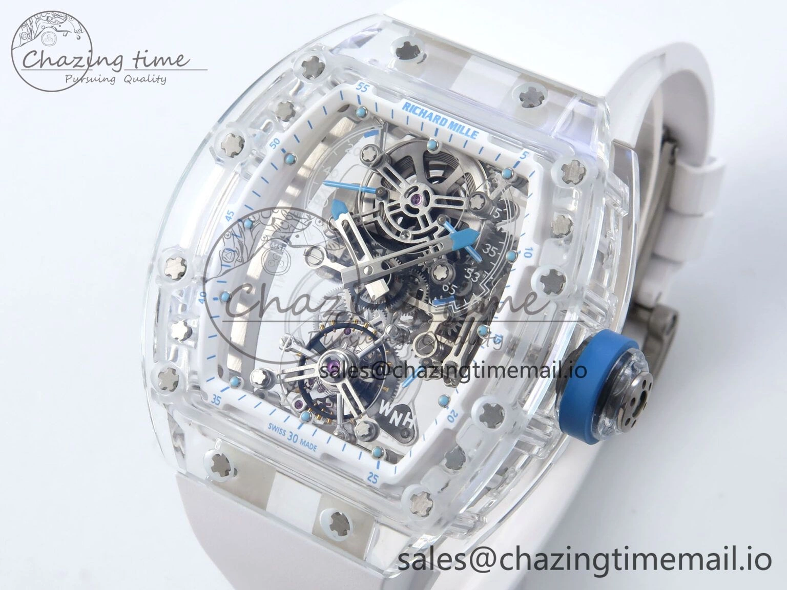 RM56-02 Transparent Tourbillon RMF Best Edition Skeleton Dial Blue Hands on White Rubber Strap