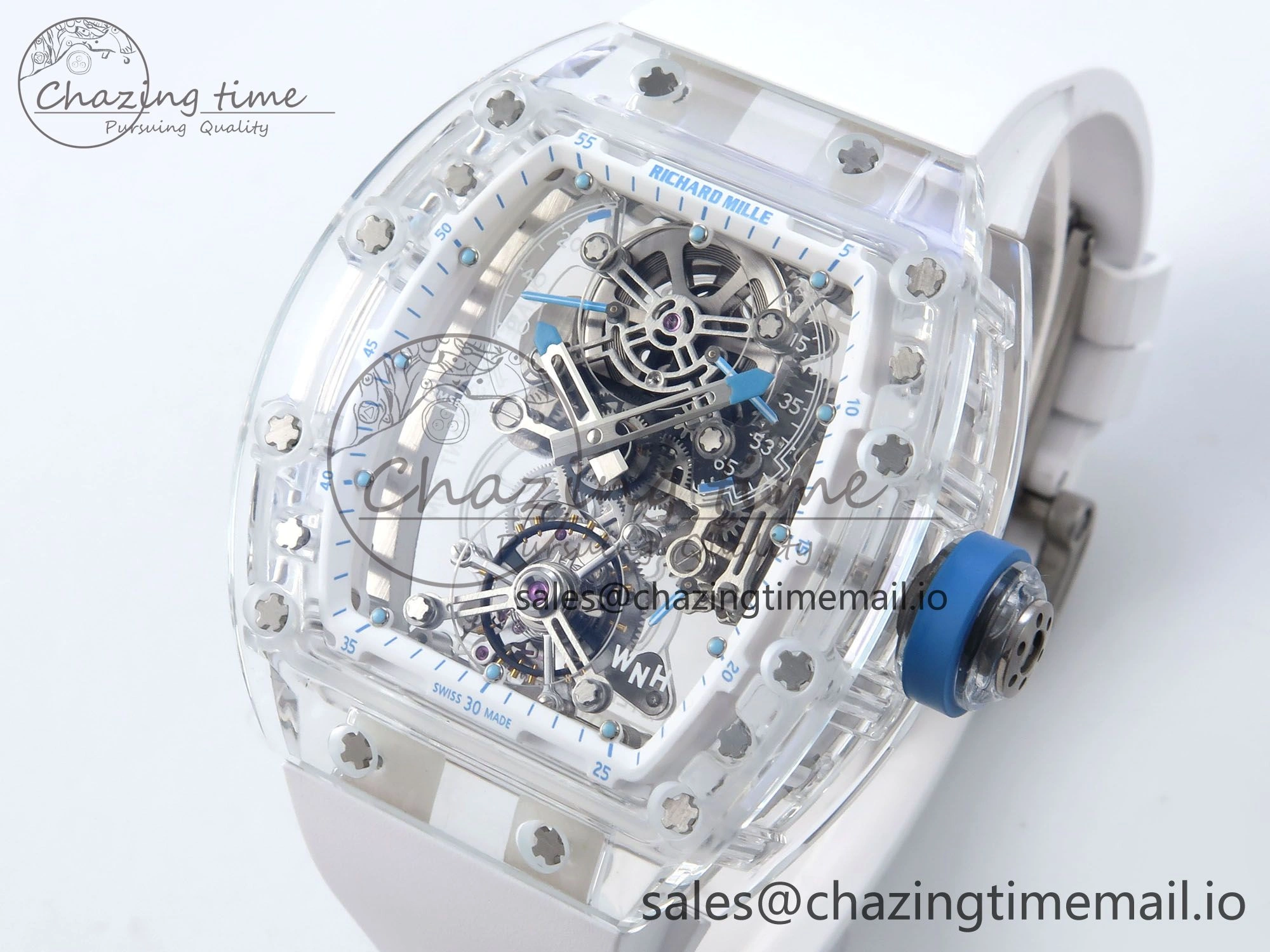 RM56-02 Transparent Tourbillon RMF Best Edition Skeleton Dial Blue Hands on White Rubber Strap