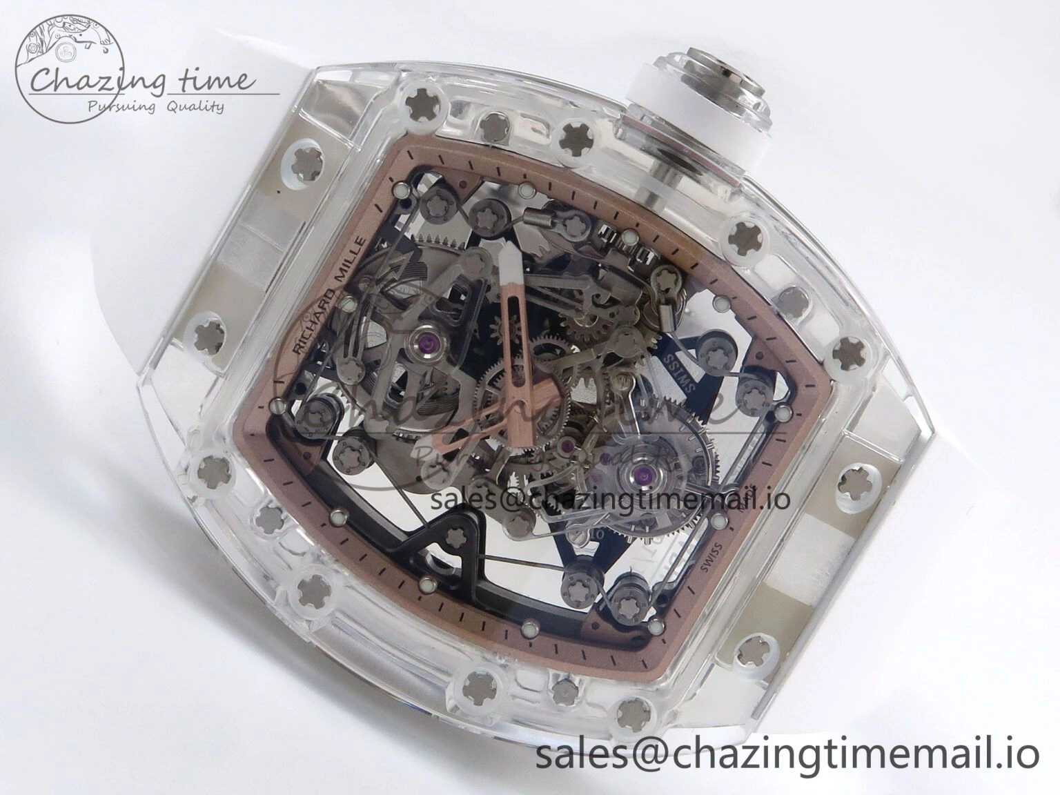 RM56-02 Transparent Tourbillon RMF Best Edition Skeleton Gold Dial on White Rubber Strap