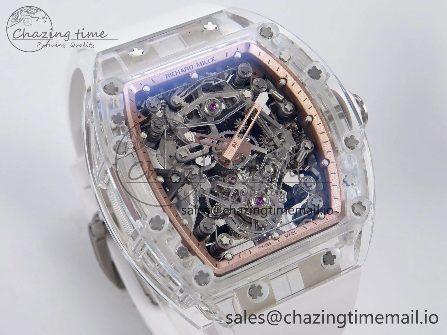 RM56-02 Transparent Tourbillon RMF Best Edition Skeleton Gold Dial on White Rubber Strap