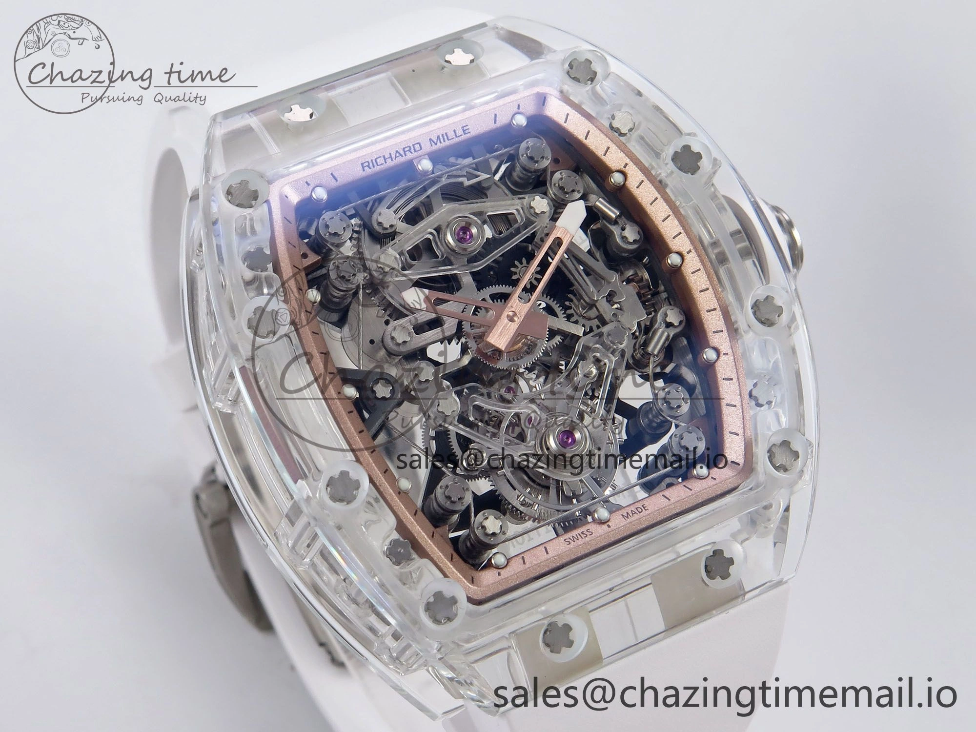 RM56-02 Transparent Tourbillon RMF Best Edition Skeleton Gold Dial on White Rubber Strap
