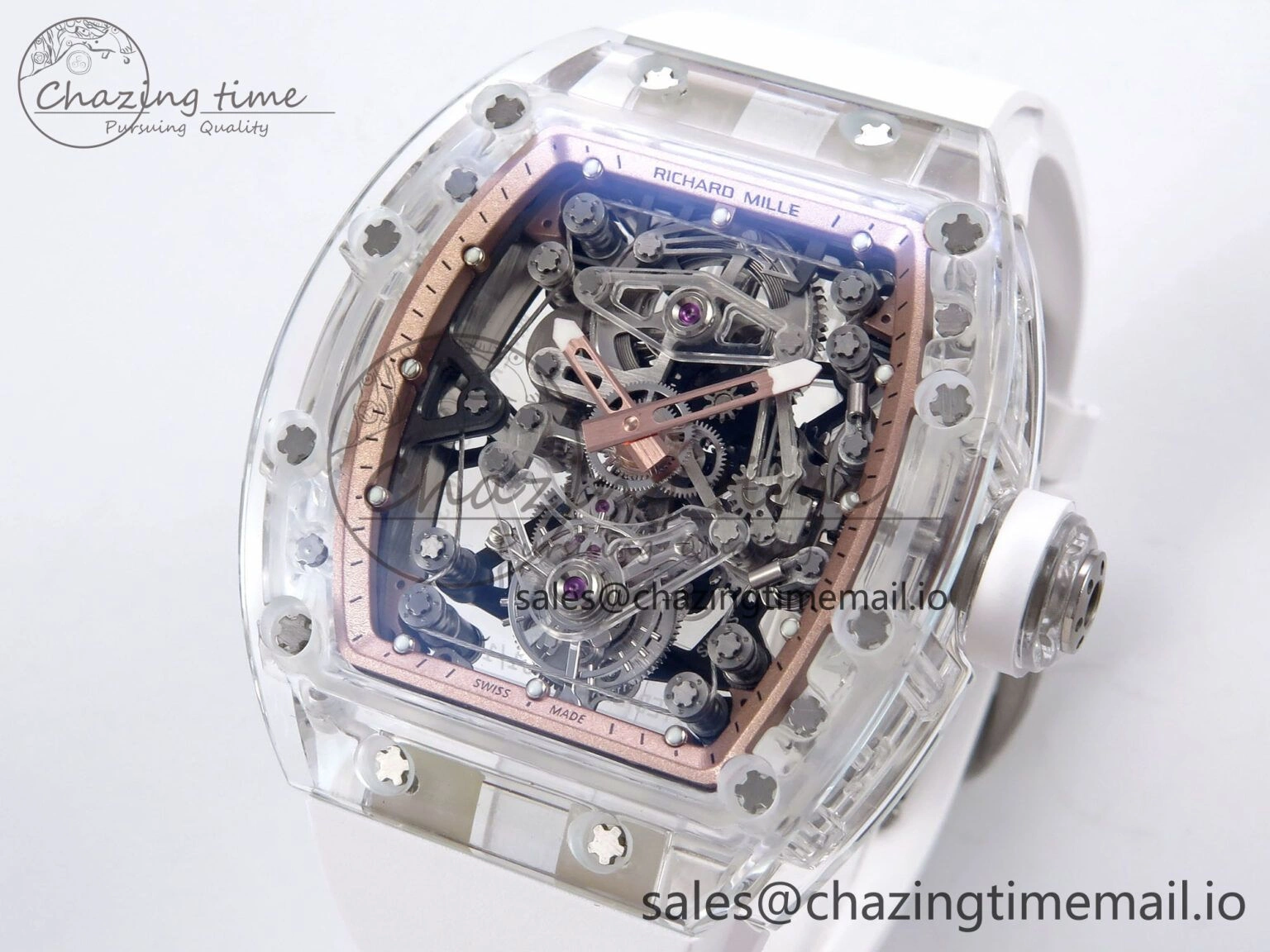 RM56-02 Transparent Tourbillon RMF Best Edition Skeleton Gold Dial on White Rubber Strap