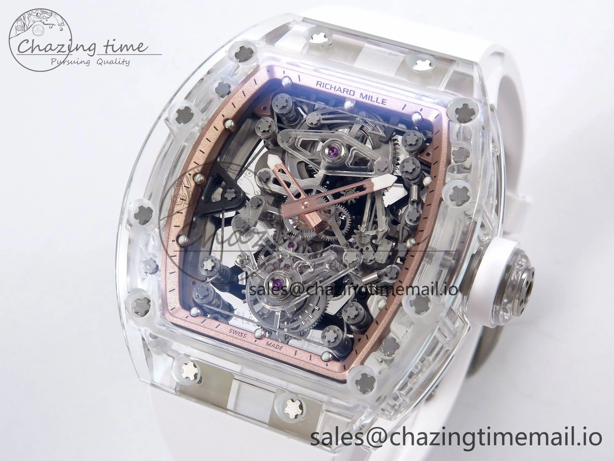 RM56-02 Transparent Tourbillon RMF Best Edition Skeleton Gold Dial on White Rubber Strap