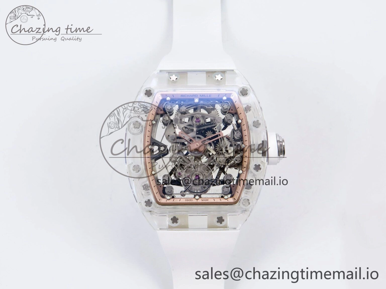 RM56-02 Transparent Tourbillon RMF Best Edition Skeleton Gold Dial on White Rubber Strap
