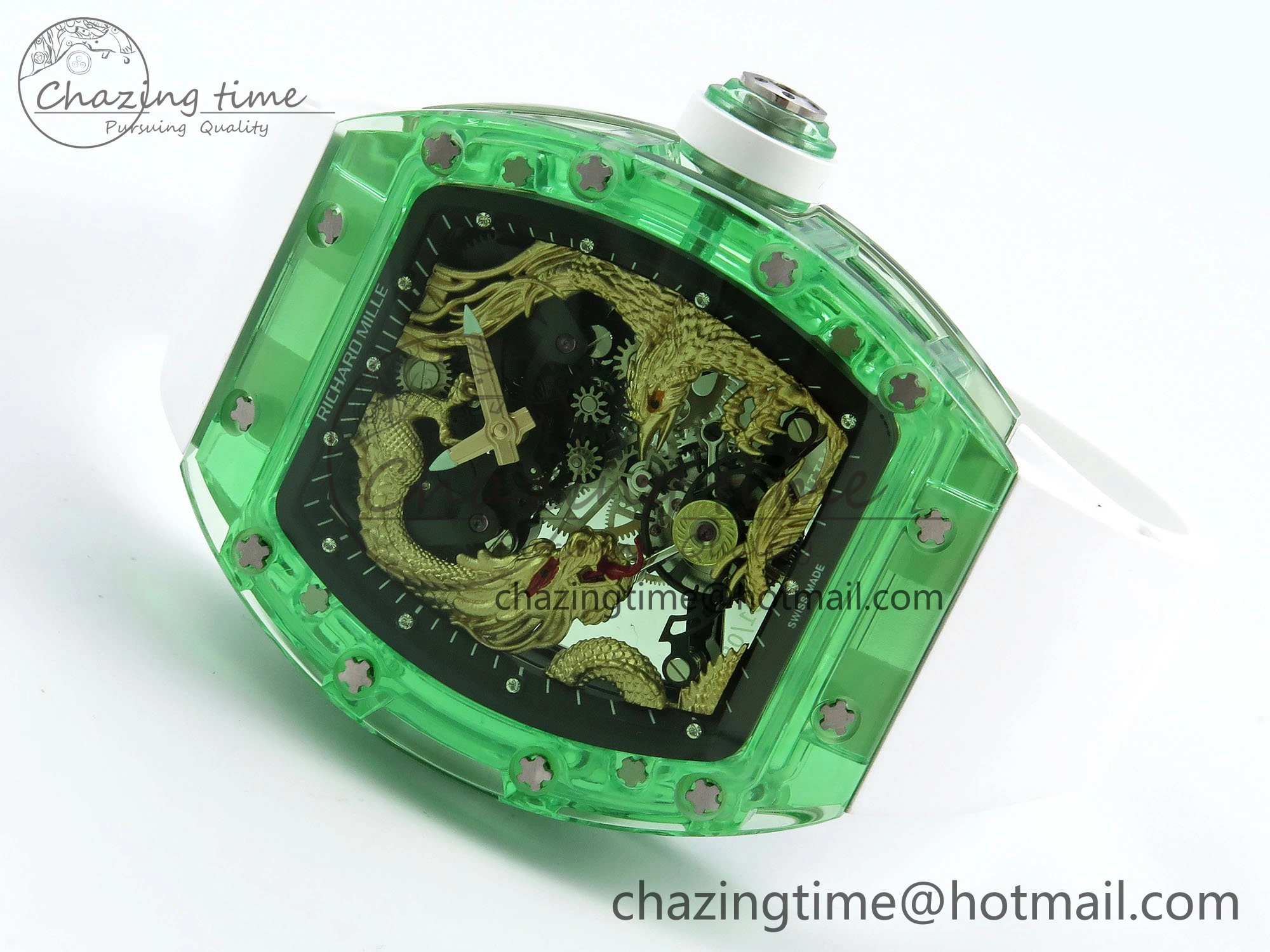 RM57 Green Transparent Tourbillon RMF Best Edition Gold Dragon Eagle Dial on White Rubber Strap