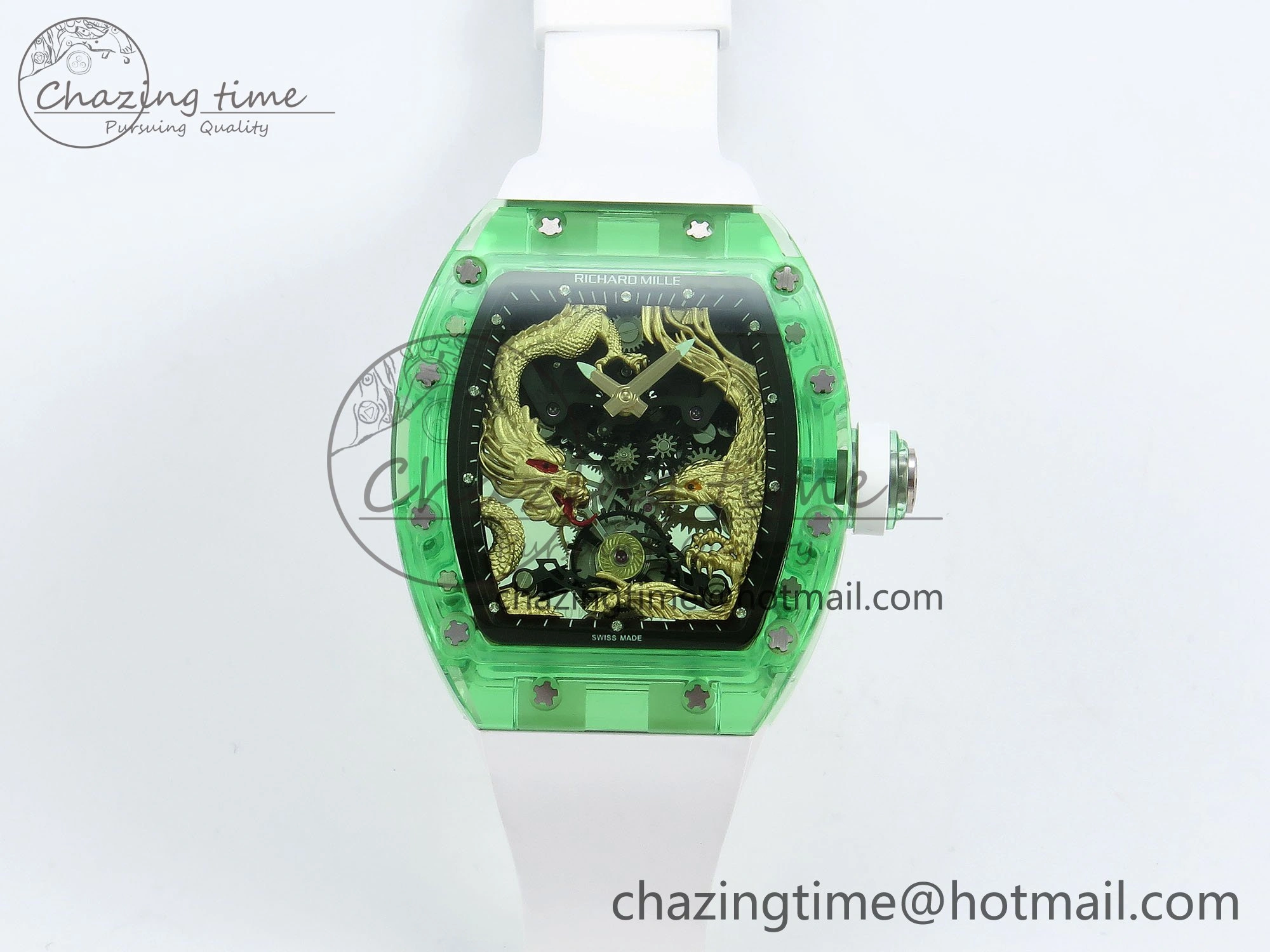 RM57 Green Transparent Tourbillon RMF Best Edition Gold Dragon Eagle Dial on White Rubber Strap