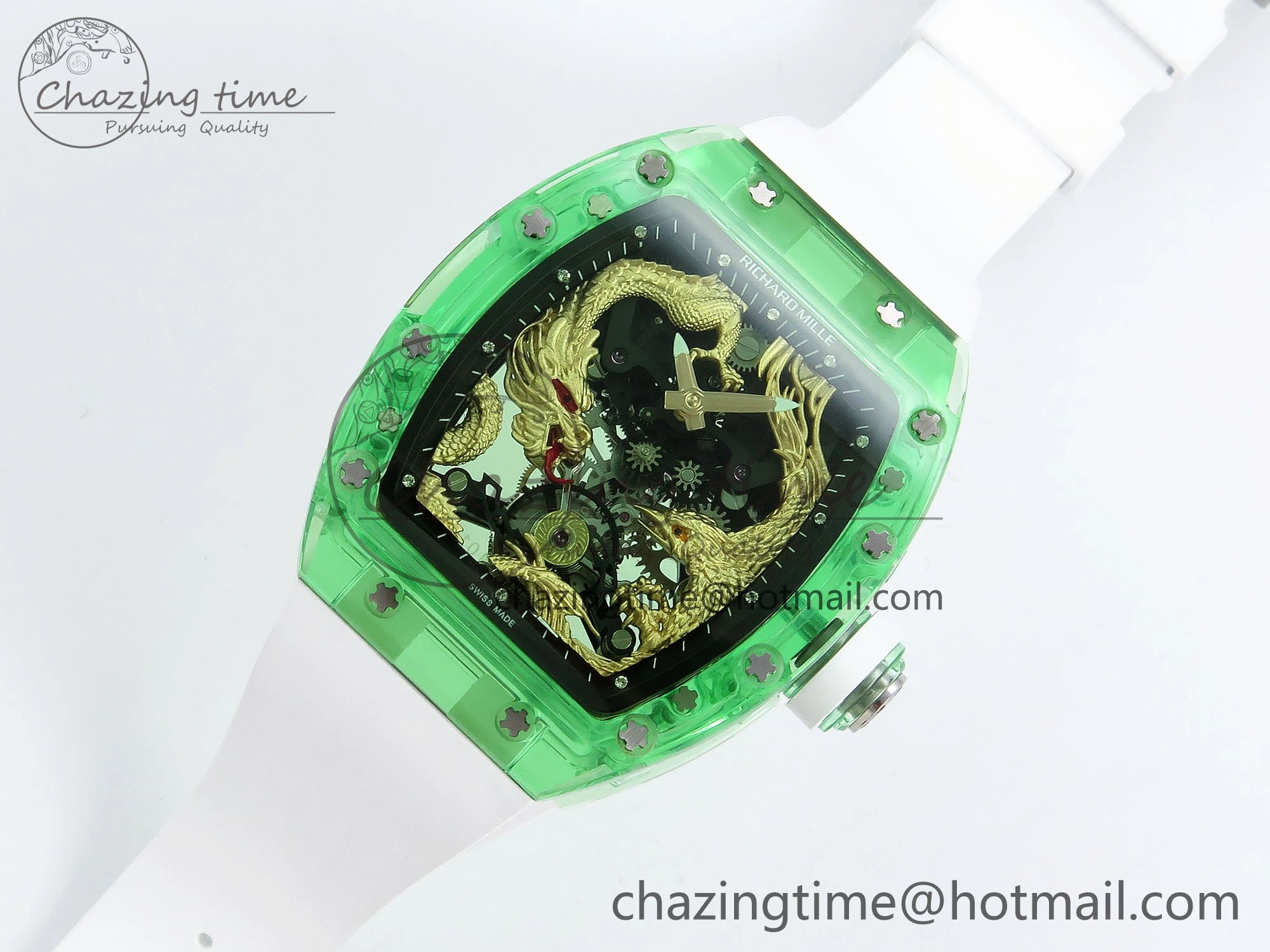 RM57 Green Transparent Tourbillon RMF Best Edition Gold Dragon Eagle Dial on White Rubber Strap