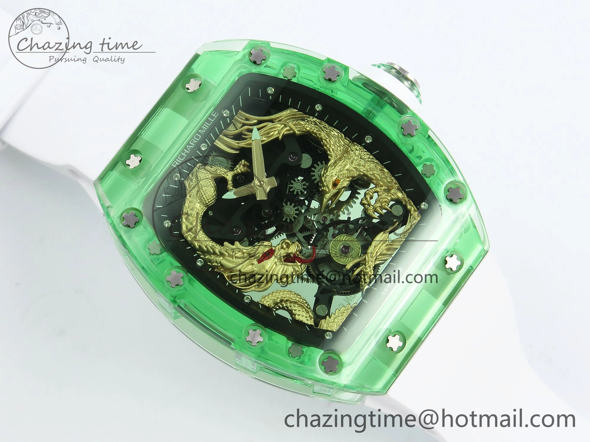 RM57 Green Transparent Tourbillon RMF Best Edition Gold Dragon Eagle Dial on White Rubber Strap