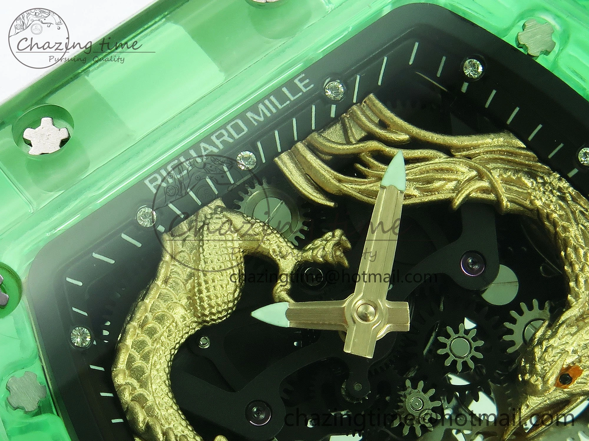 RM57 Green Transparent Tourbillon RMF Best Edition Gold Dragon Eagle Dial on White Rubber Strap
