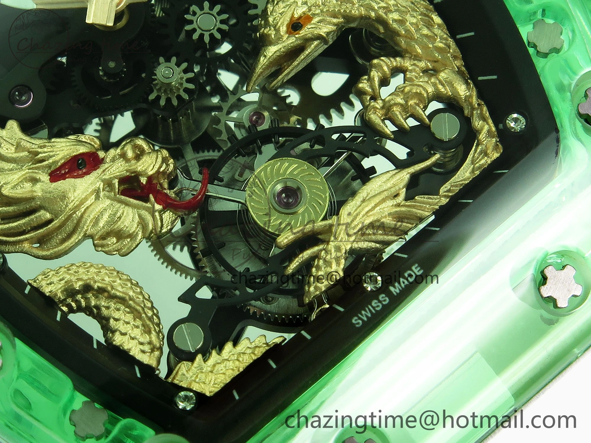 RM57 Green Transparent Tourbillon RMF Best Edition Gold Dragon Eagle Dial on White Rubber Strap
