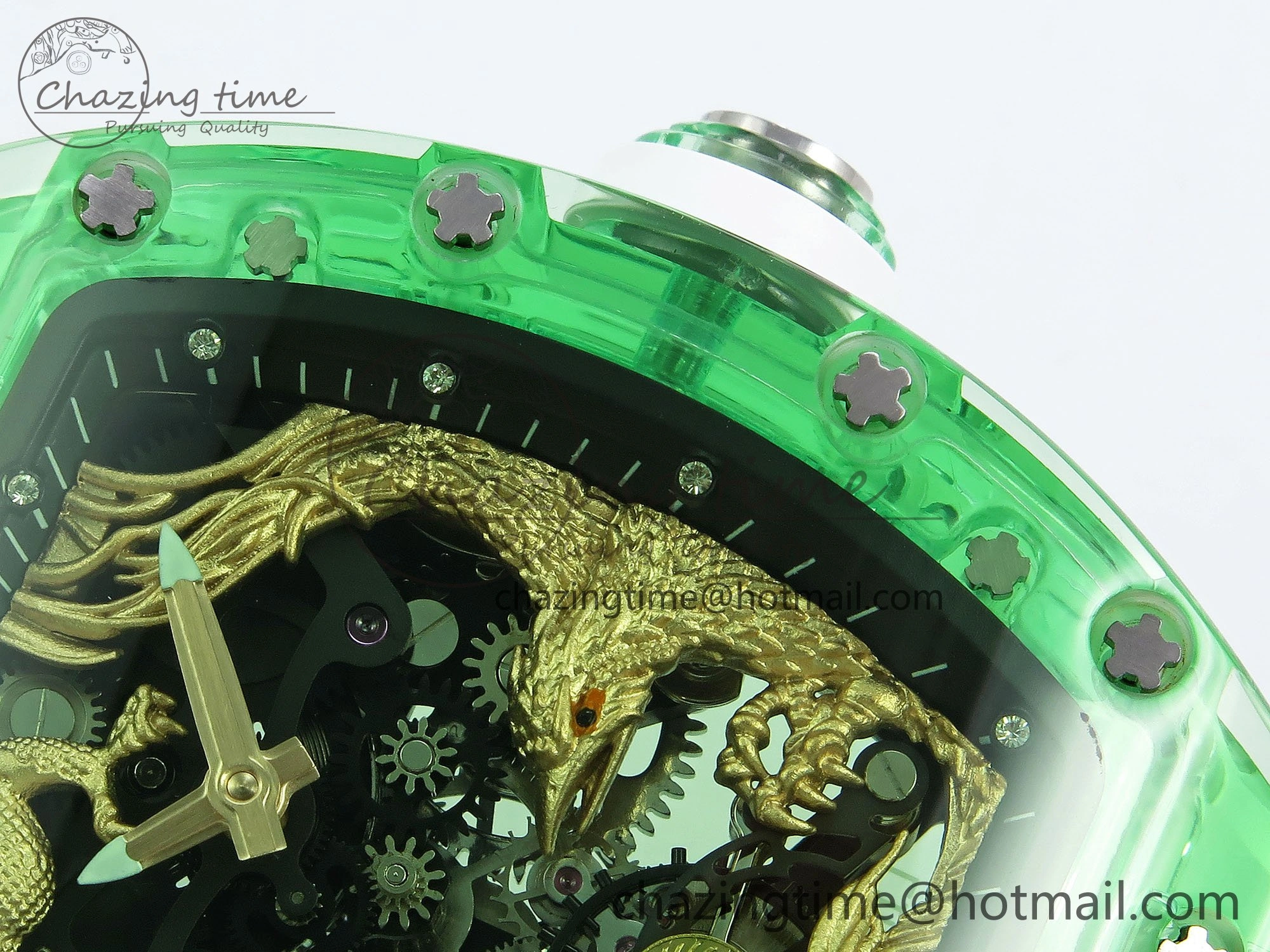 RM57 Green Transparent Tourbillon RMF Best Edition Gold Dragon Eagle Dial on White Rubber Strap