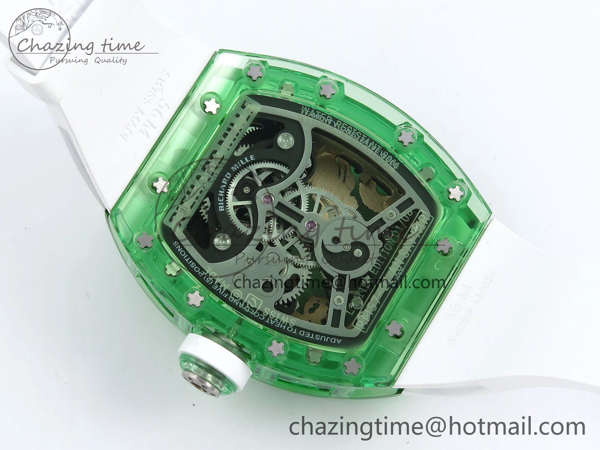 RM57 Green Transparent Tourbillon RMF Best Edition Gold Dragon Eagle Dial on White Rubber Strap
