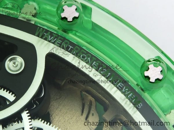 RM57 Green Transparent Tourbillon RMF Best Edition Gold Dragon Eagle Dial on White Rubber Strap