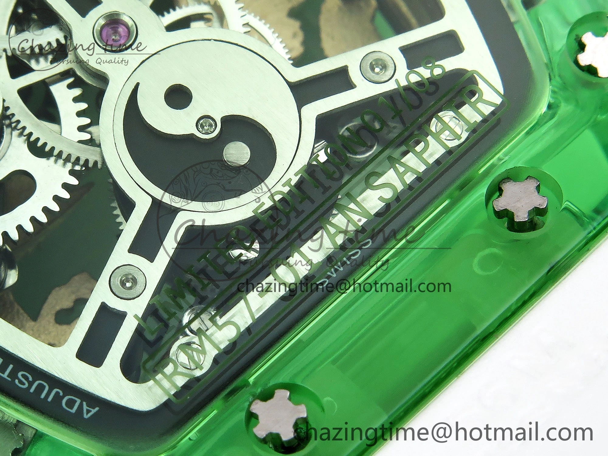 RM57 Green Transparent Tourbillon RMF Best Edition Gold Dragon Eagle Dial on White Rubber Strap