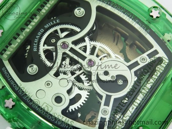 RM57 Green Transparent Tourbillon RMF Best Edition Gold Dragon Eagle Dial on White Rubber Strap