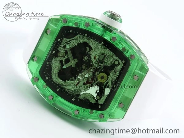 RM57 Green Transparent Tourbillon RMF Best Edition Silver Dragon Eagle Dial on White Rubber Strap