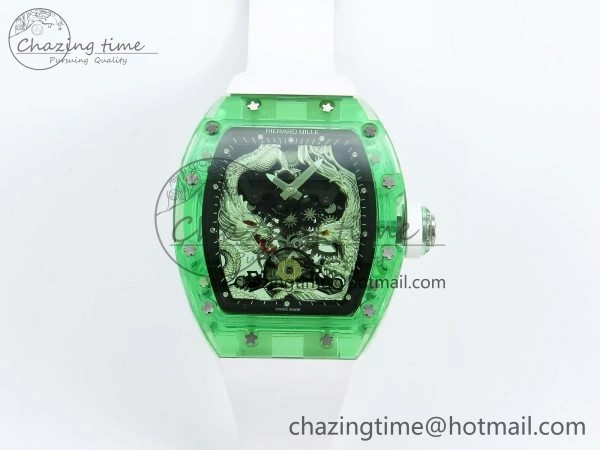 RM57 Green Transparent Tourbillon RMF Best Edition Silver Dragon Eagle Dial on White Rubber Strap