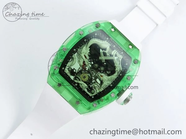 RM57 Green Transparent Tourbillon RMF Best Edition Silver Dragon Eagle Dial on White Rubber Strap