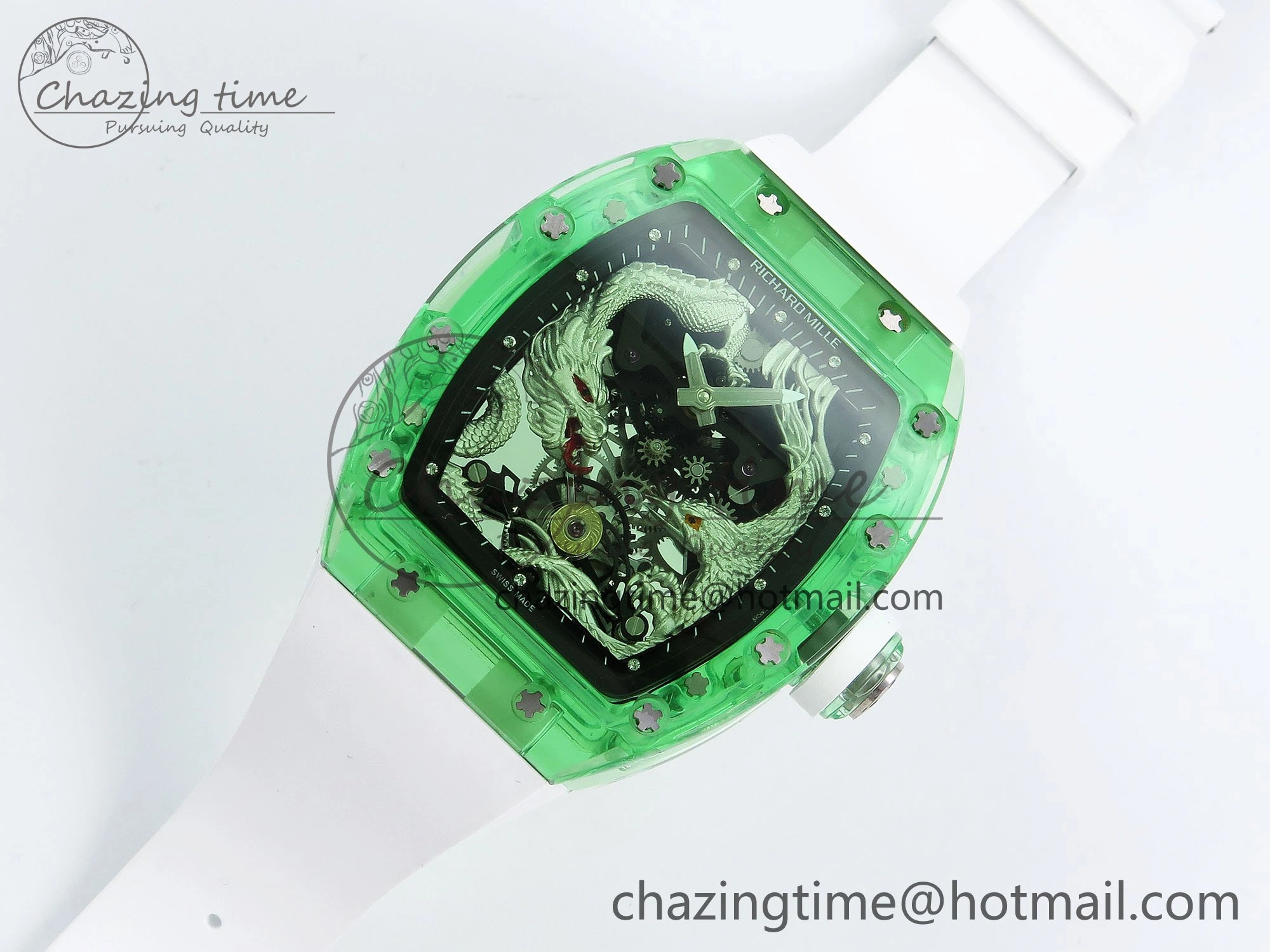 RM57 Green Transparent Tourbillon RMF Best Edition Silver Dragon Eagle Dial on White Rubber Strap