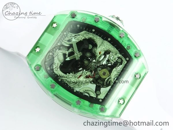 RM57 Green Transparent Tourbillon RMF Best Edition Silver Dragon Eagle Dial on White Rubber Strap