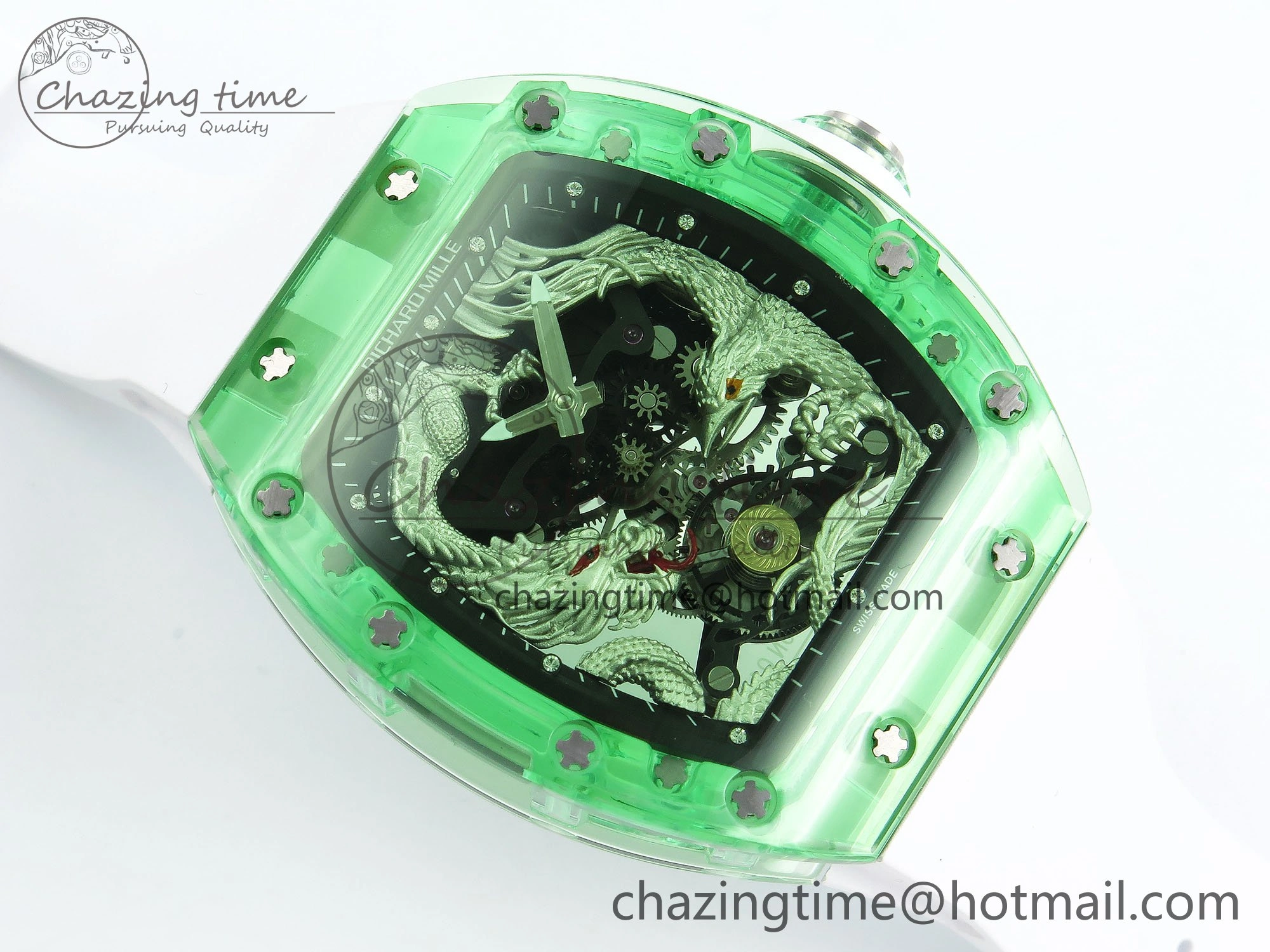 RM57 Green Transparent Tourbillon RMF Best Edition Silver Dragon Eagle Dial on White Rubber Strap