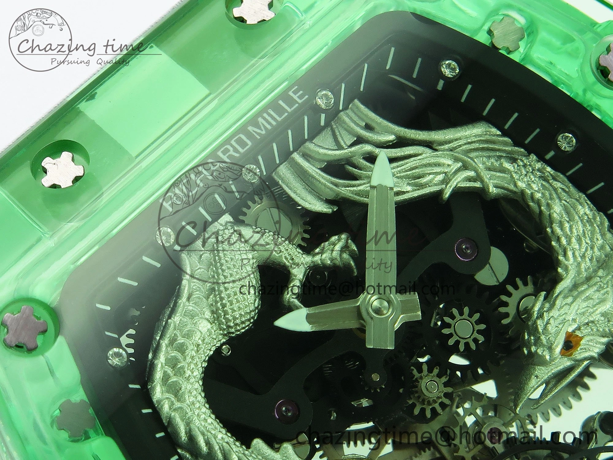 RM57 Green Transparent Tourbillon RMF Best Edition Silver Dragon Eagle Dial on White Rubber Strap