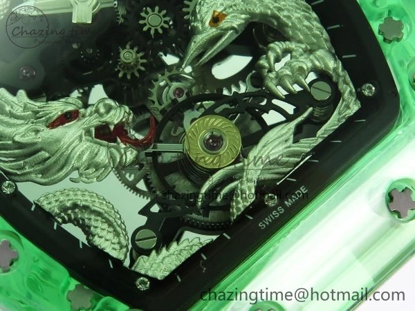 RM57 Green Transparent Tourbillon RMF Best Edition Silver Dragon Eagle Dial on White Rubber Strap