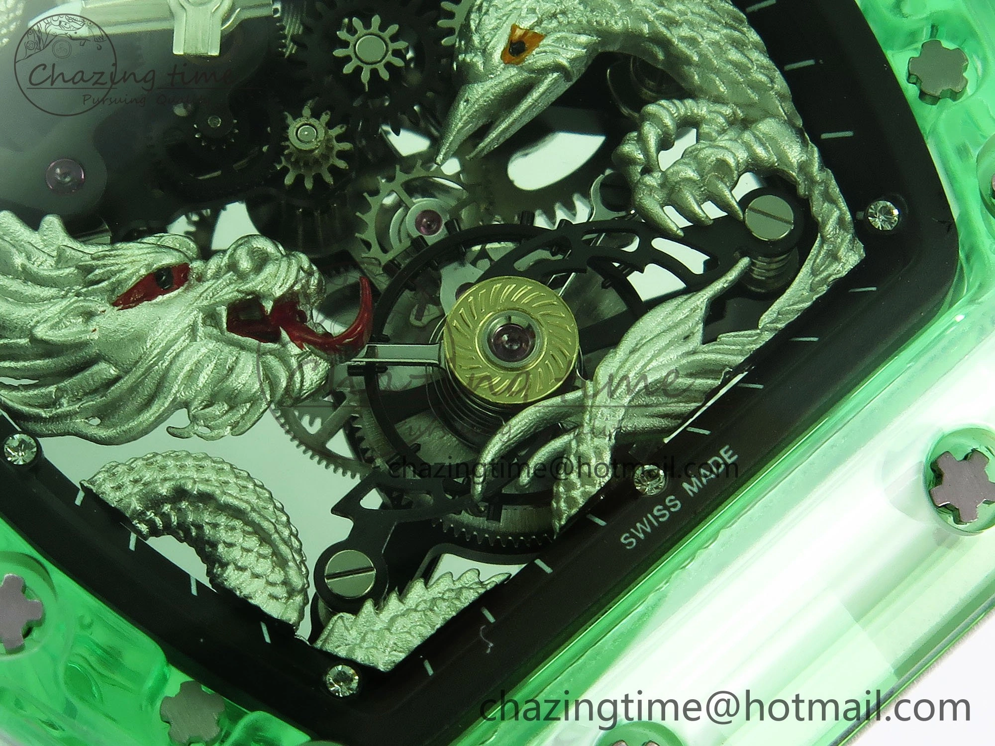 RM57 Green Transparent Tourbillon RMF Best Edition Silver Dragon Eagle Dial on White Rubber Strap