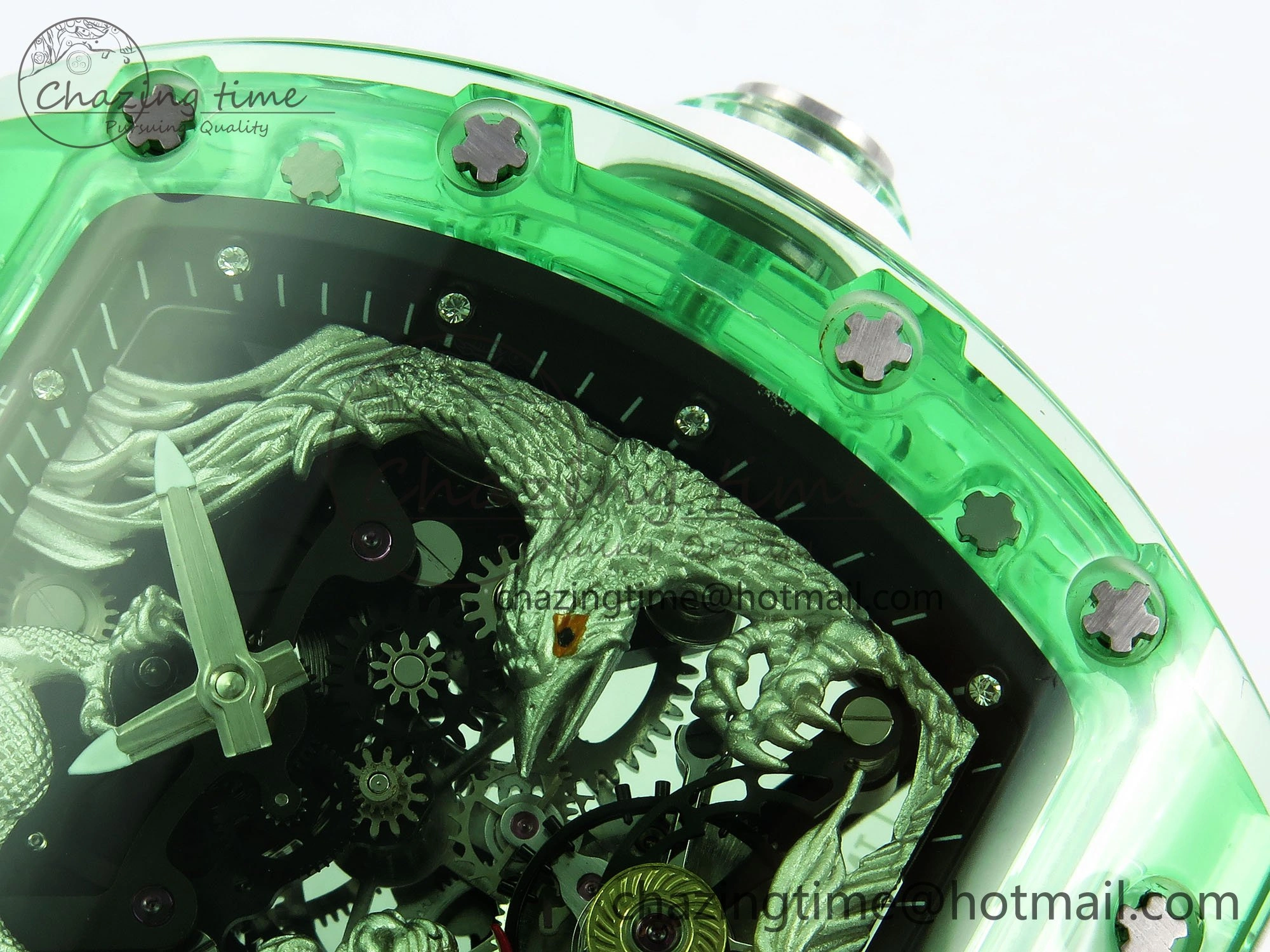 RM57 Green Transparent Tourbillon RMF Best Edition Silver Dragon Eagle Dial on White Rubber Strap