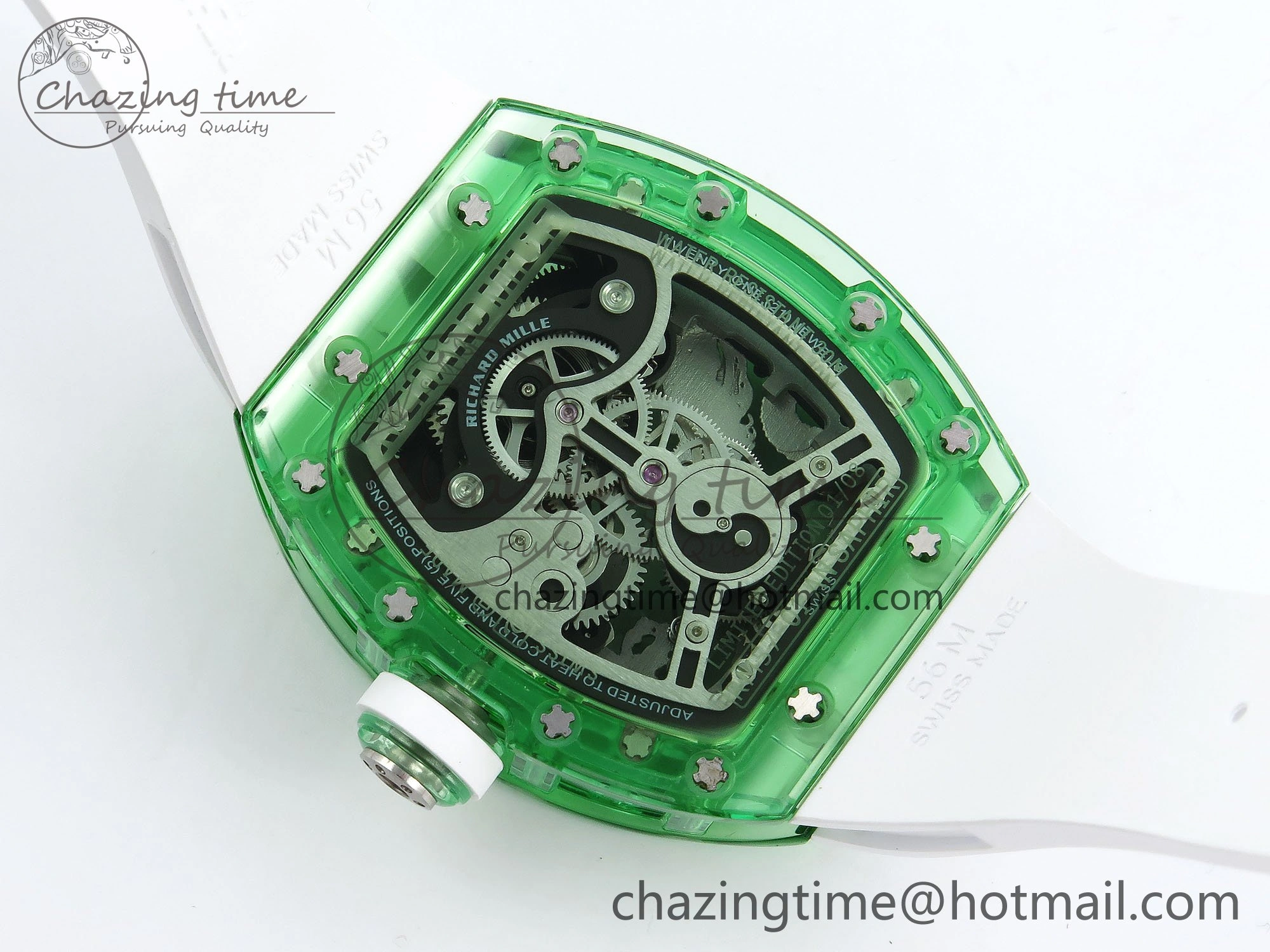 RM57 Green Transparent Tourbillon RMF Best Edition Silver Dragon Eagle Dial on White Rubber Strap