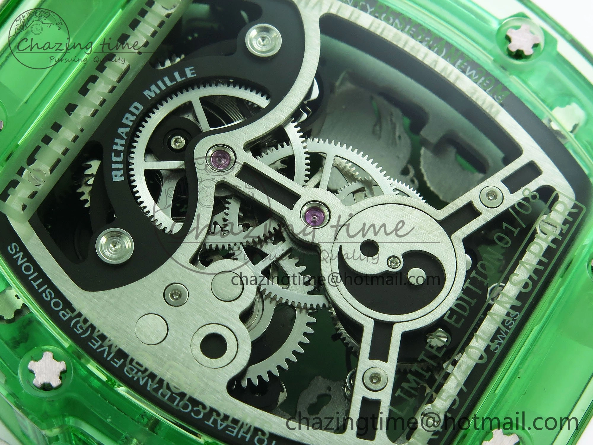 RM57 Green Transparent Tourbillon RMF Best Edition Silver Dragon Eagle Dial on White Rubber Strap