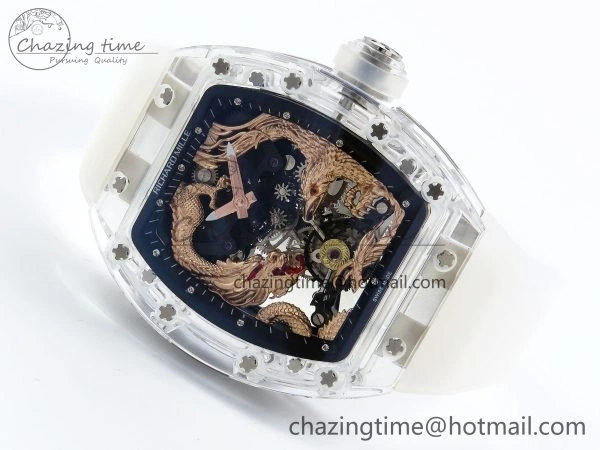 RM57 Transparent Tourbillon RMF Best Edition Gold Dragon Eagle Dial on Transparent Rubber Strap
