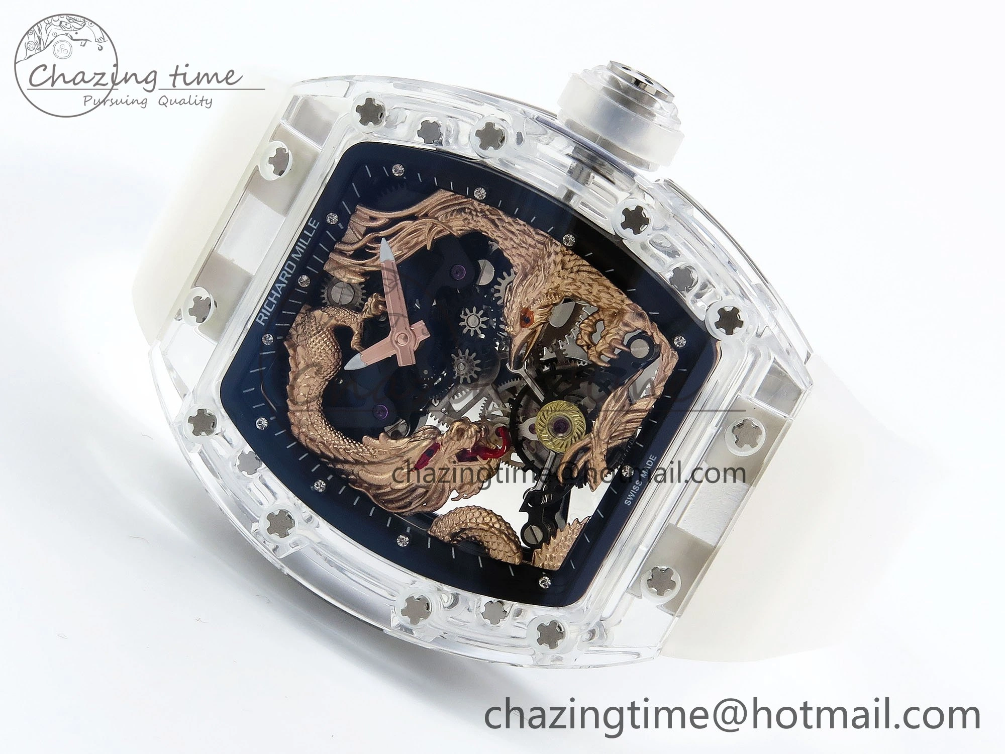 RM57 Transparent Tourbillon RMF Best Edition Gold Dragon Eagle Dial on Transparent Rubber Strap