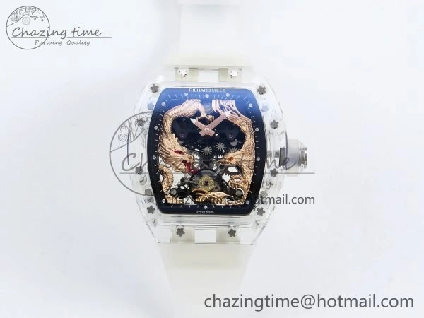 RM57 Transparent Tourbillon RMF Best Edition Gold Dragon Eagle Dial on Transparent Rubber Strap