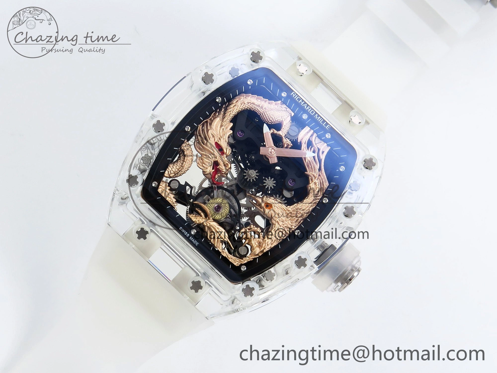 RM57 Transparent Tourbillon RMF Best Edition Gold Dragon Eagle Dial on Transparent Rubber Strap