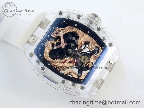 RM57 Transparent Tourbillon RMF Best Edition Gold Dragon Eagle Dial on Transparent Rubber Strap